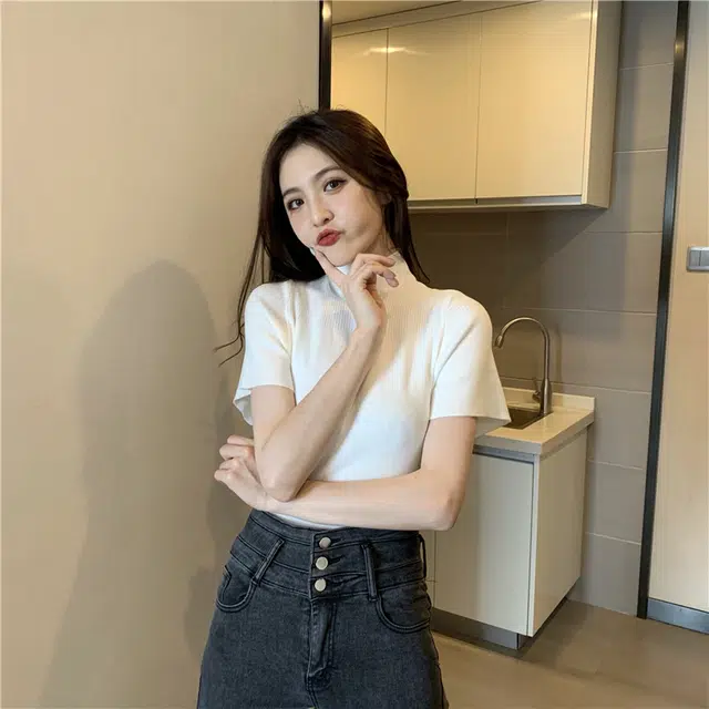 思蓓儿 复古半领飞飞袖显瘦打底衫短袖上衣针织衫 女款