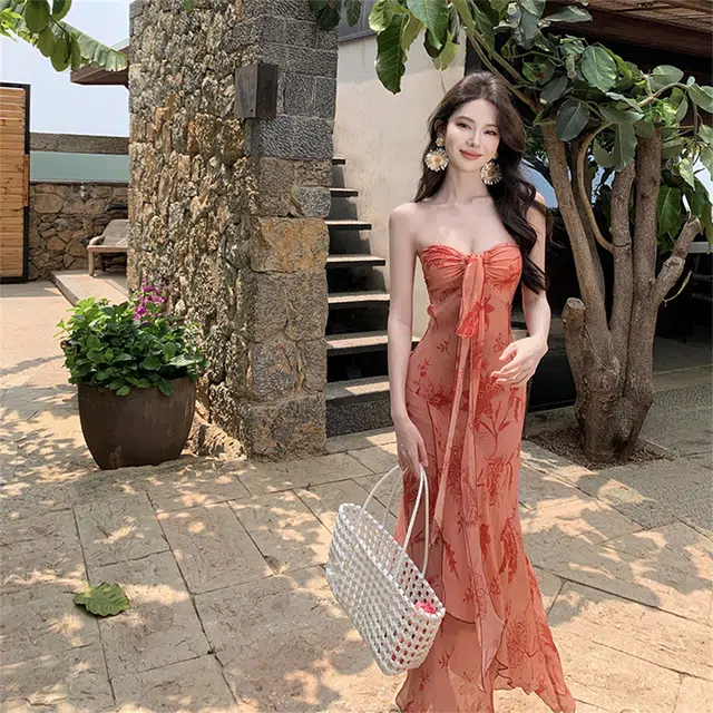 思蓓儿 印花抹胸包臀度假无袖连衣裙 女款