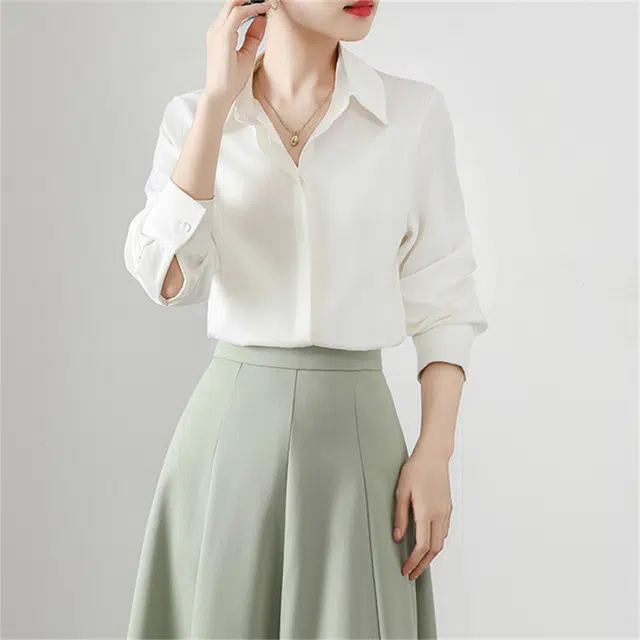 思蓓儿 门襟缎面垂感通勤职业长袖衬衣面试上衣衬衫 女款