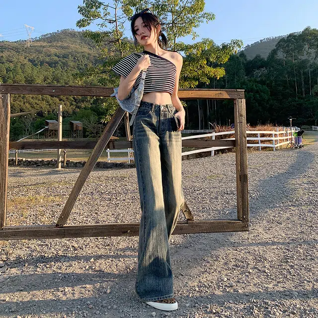 思蓓儿 磨白压痕设计高腰喇叭洗水牛仔裤 女款 复古蓝