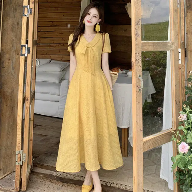 思蓓儿 少女日记甜美风长裙学院风蝴蝶结短袖连衣裙 女款