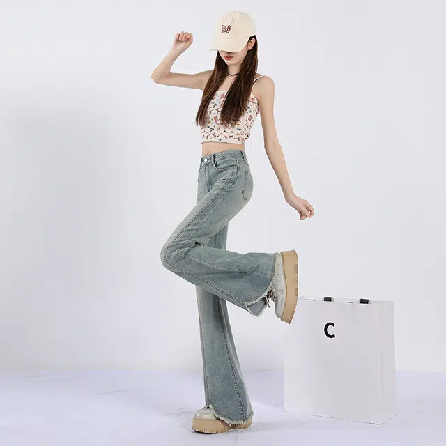 思蓓儿 微喇高腰毛边设计感复古通勤时尚牛仔裤 女款