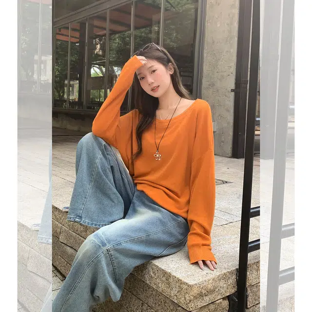 思蓓儿 韩系慵懒风露肩长袖女早秋宽松松弛感休闲显瘦上衣针织衫 女款