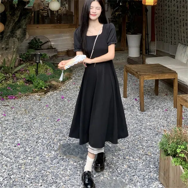 思蓓儿 法式赫本风高级感中长裙收腰显瘦裙子短袖连衣裙 女款 黑色