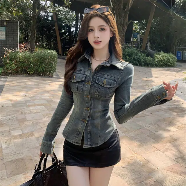 思蓓儿 美式复古牛仔水洗蓝长袖衬衫 女款 蓝色