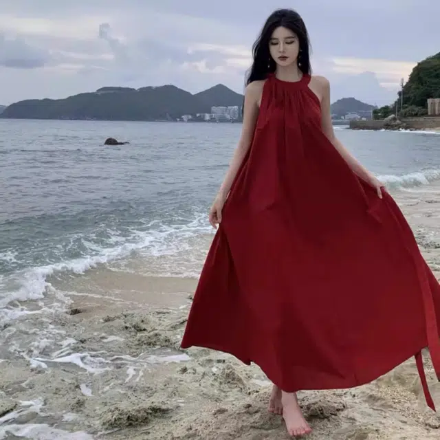 思蓓儿 度假风挂脖海边度假氛围感长裙无袖连衣裙 女款