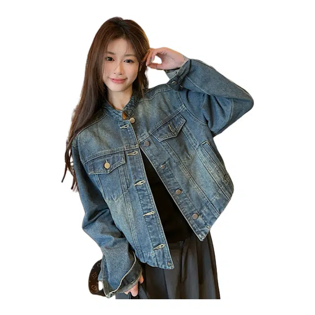 思蓓儿 韩版港风宽松设计感短款小众夹克上衣牛仔外套 女款 牛仔蓝
