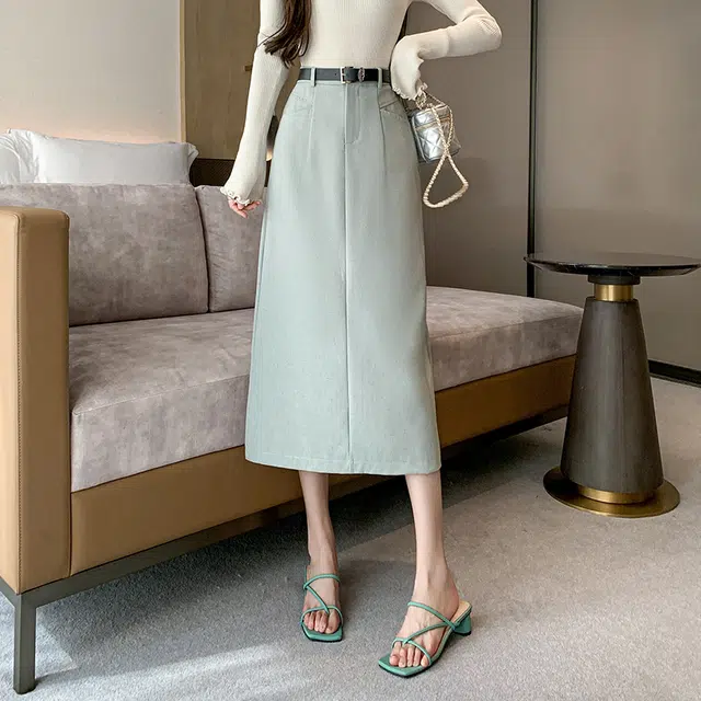 思蓓儿 韩版高腰复古直筒腰带修身休闲长裙 女款