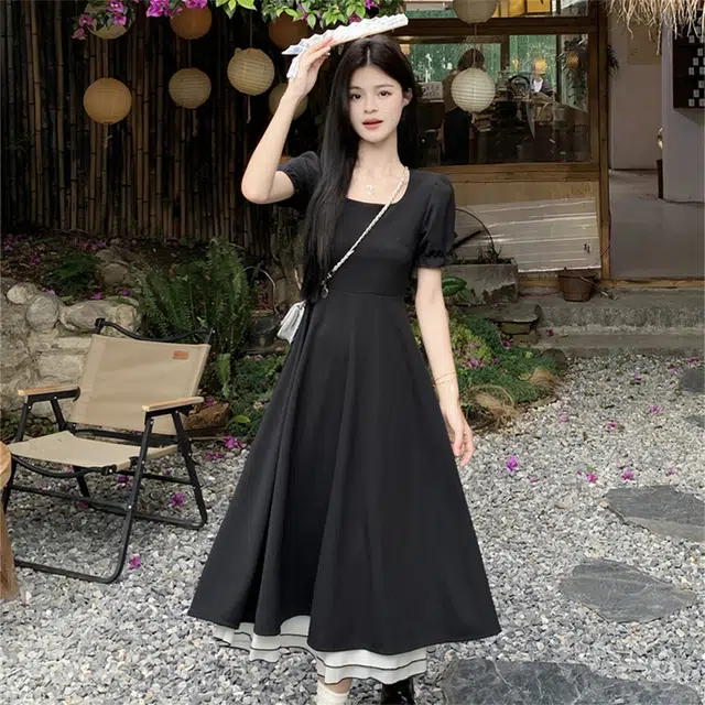 思蓓儿 法式赫本风高级感中长裙收腰显瘦裙子短袖连衣裙 女款 黑色