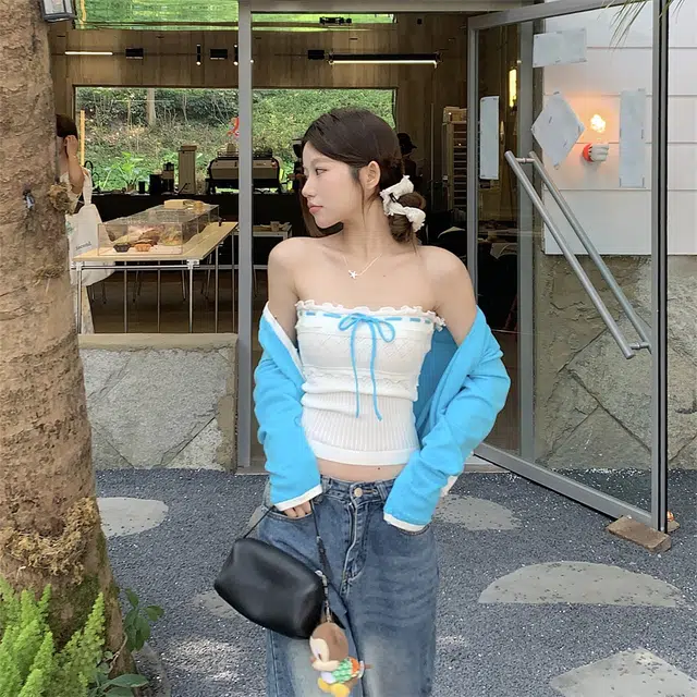 思蓓儿 度假风长袖辣妹系带别致抹胸背心女时尚套装针织衫 女款