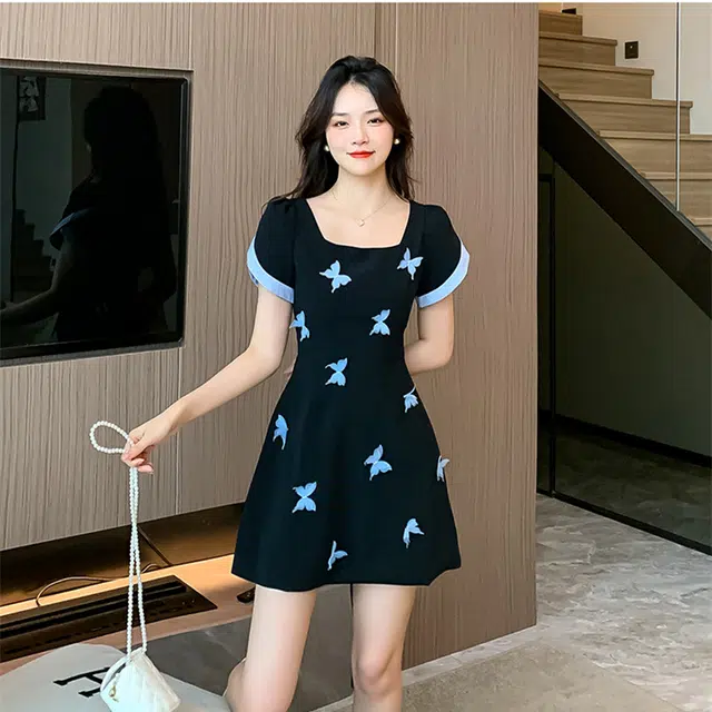 思蓓儿 立体蝴蝶结高级赫本风气质短袖连衣裙 女款 黑色