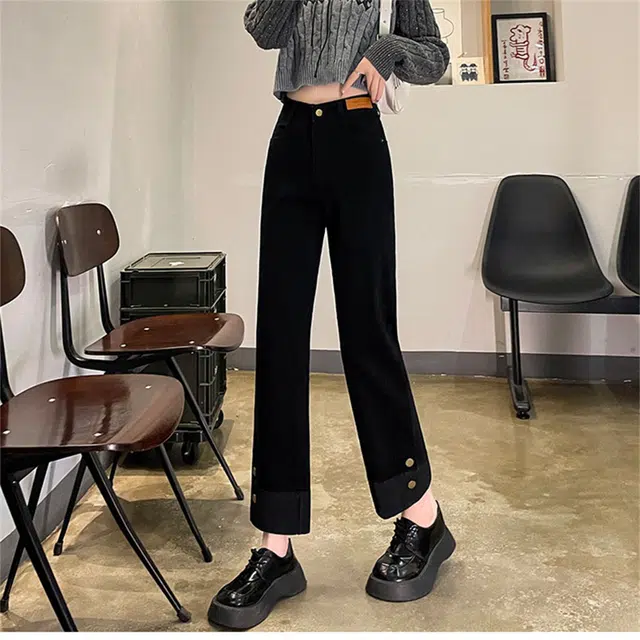 思蓓儿 直筒加绒高腰拼接九分烟管裤牛仔裤 女款