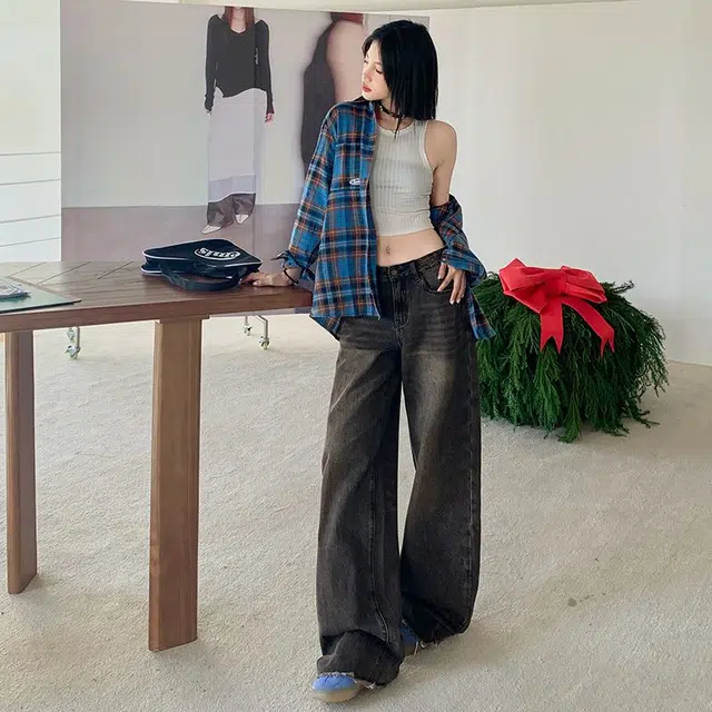 思蓓儿 复古开春高腰宽松大众阔腿拖地设计感直筒长裤牛仔裤 女款 黑红色