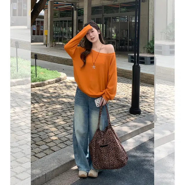 思蓓儿 韩系慵懒风露肩长袖女早秋宽松松弛感休闲显瘦上衣针织衫 女款