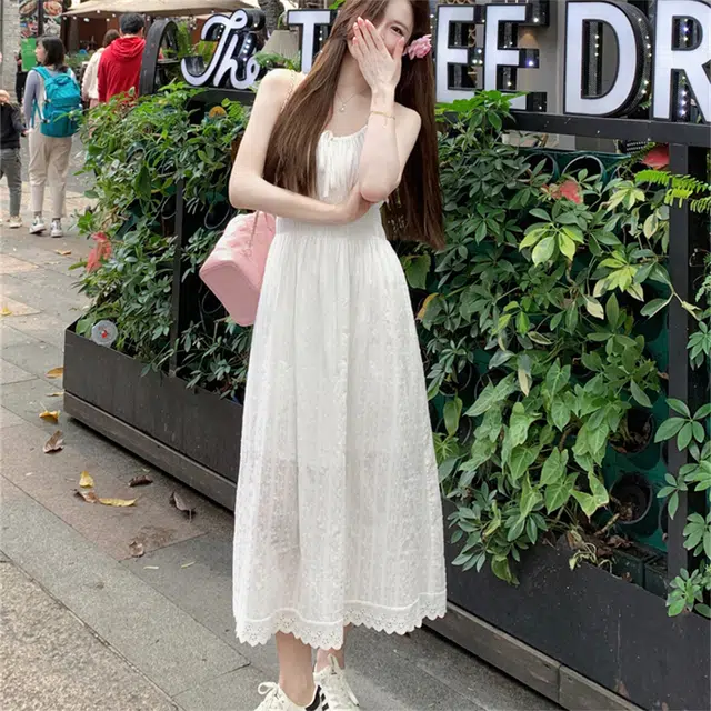 思蓓儿 韩版小清新法式温柔初恋长裙纯棉可扎染小白裙吊带连衣裙 女款 白色