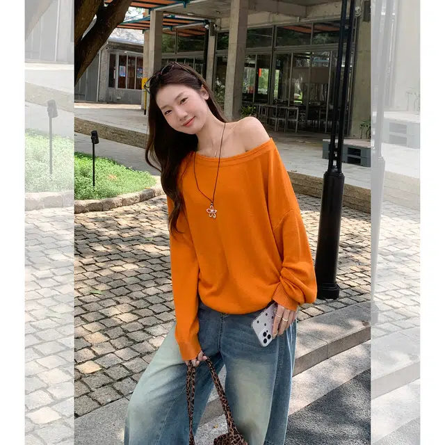 思蓓儿 韩系慵懒风露肩长袖女早秋宽松松弛感休闲显瘦上衣针织衫 女款