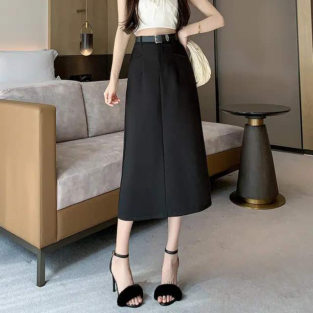思蓓儿 韩版高腰复古直筒腰带修身休闲长裙 女款