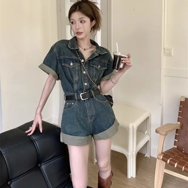 思蓓儿 时尚收腰牛仔连体裤 女款 怀旧色配皮带