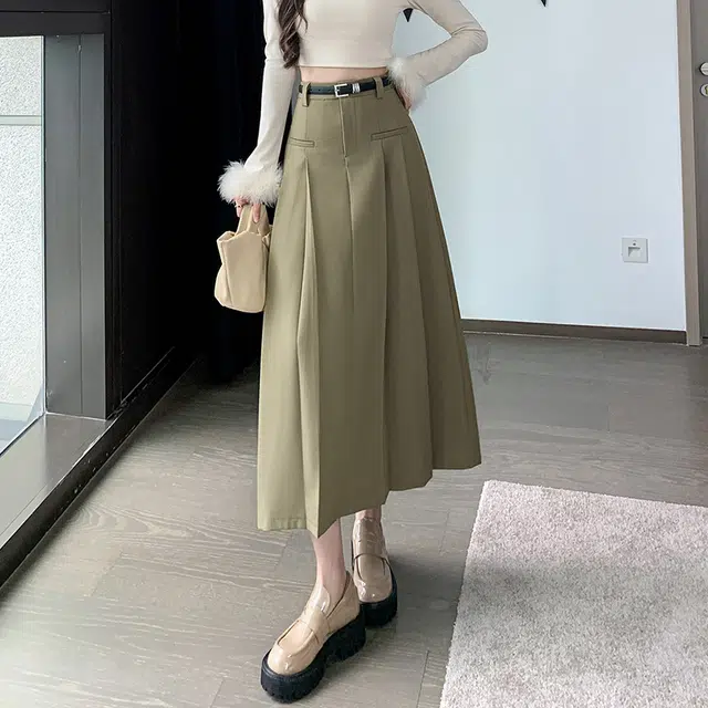 思蓓儿 大摆褶皱遮胯高腰中长款百褶舒适简约休闲长裙 女款