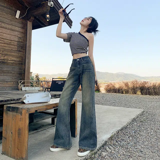 思蓓儿 磨白压痕设计高腰喇叭洗水牛仔裤 女款 复古蓝