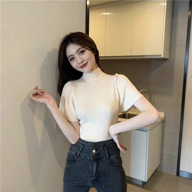 思蓓儿 复古半领飞飞袖显瘦打底衫短袖上衣针织衫 女款