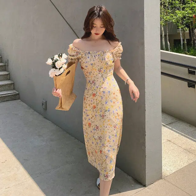 思蓓儿 甜美温柔印花油画碎花泡泡袖桔梗中长短袖连衣裙 女款