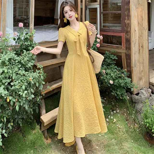 思蓓儿 少女日记甜美风长裙学院风蝴蝶结短袖连衣裙 女款