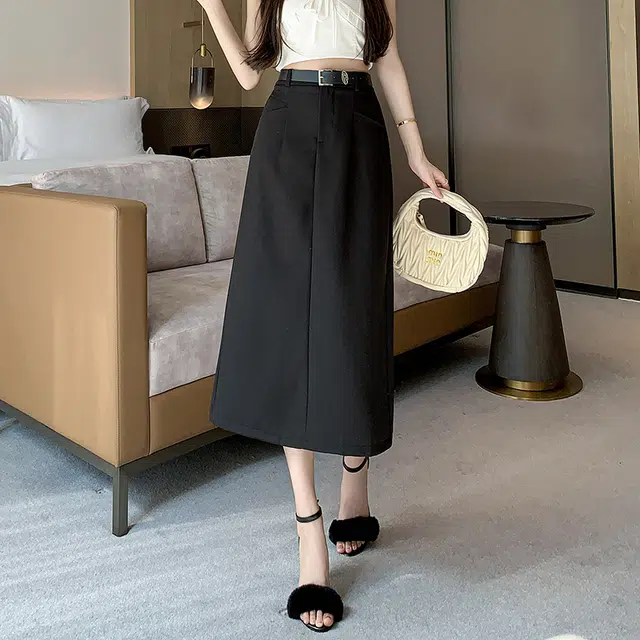 思蓓儿 韩版高腰复古直筒腰带修身休闲长裙 女款