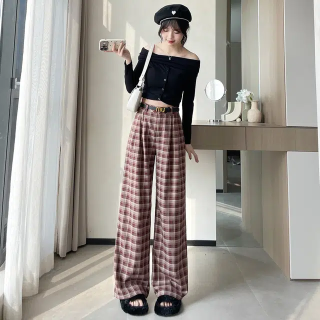思蓓儿 宽松舒适阔腿裤拖地休闲裤 女款 红格