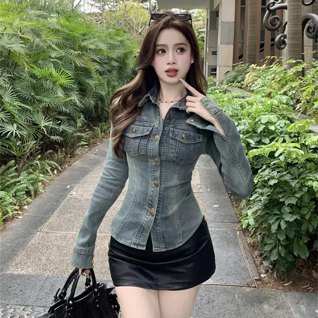 思蓓儿 美式复古牛仔水洗蓝长袖衬衫 女款 蓝色