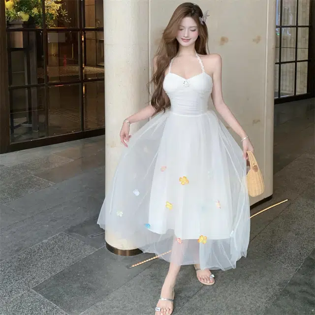 思蓓儿 法式绝美网纱度假长裙高级感气质超仙吊带连衣裙 女款