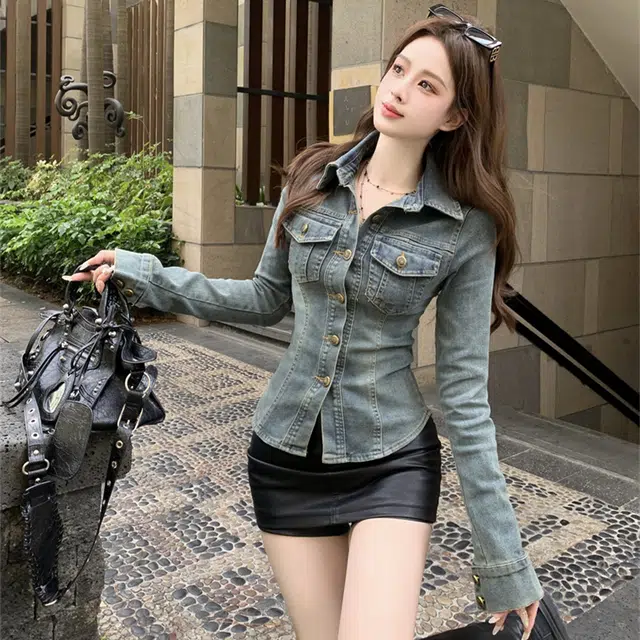 思蓓儿 美式复古牛仔水洗蓝长袖衬衫 女款 蓝色