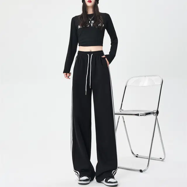 思蓓儿 高腰阔腿显瘦宽松直筒三杠卫裤休闲裤 女款