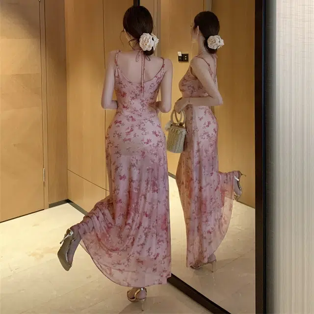 思蓓儿 碎花修身显瘦长裙子吊带连衣裙 女款 蔷薇粉