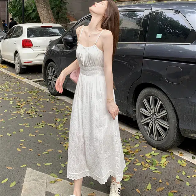 思蓓儿 韩版小清新法式温柔初恋长裙纯棉可扎染小白裙吊带连衣裙 女款 白色