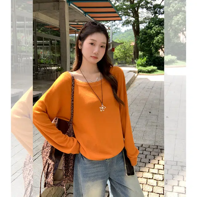 思蓓儿 韩系慵懒风露肩长袖女早秋宽松松弛感休闲显瘦上衣针织衫 女款