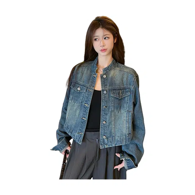 思蓓儿 韩版港风宽松设计感短款小众夹克上衣牛仔外套 女款 牛仔蓝