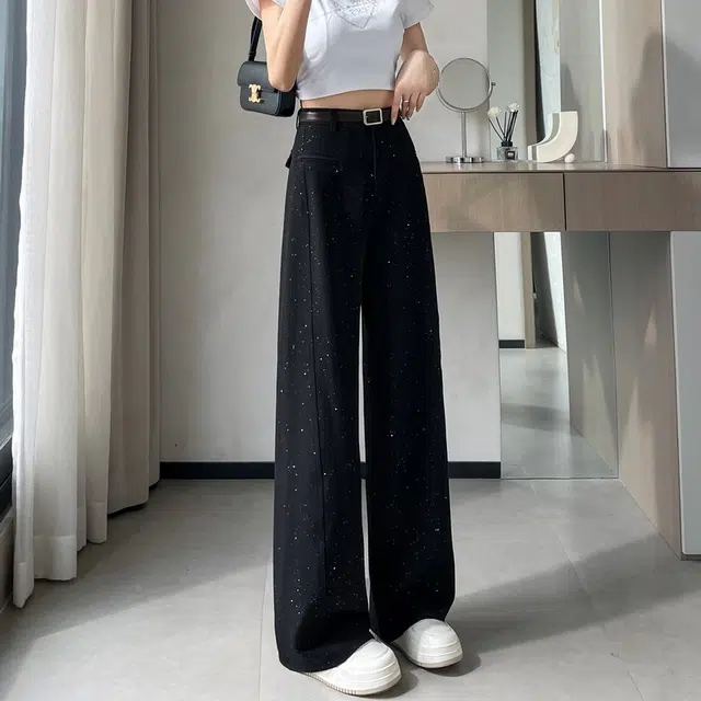 思蓓儿 亮片烫钻西装裤窄版阔腿裤直筒拖地裤休闲裤 女款