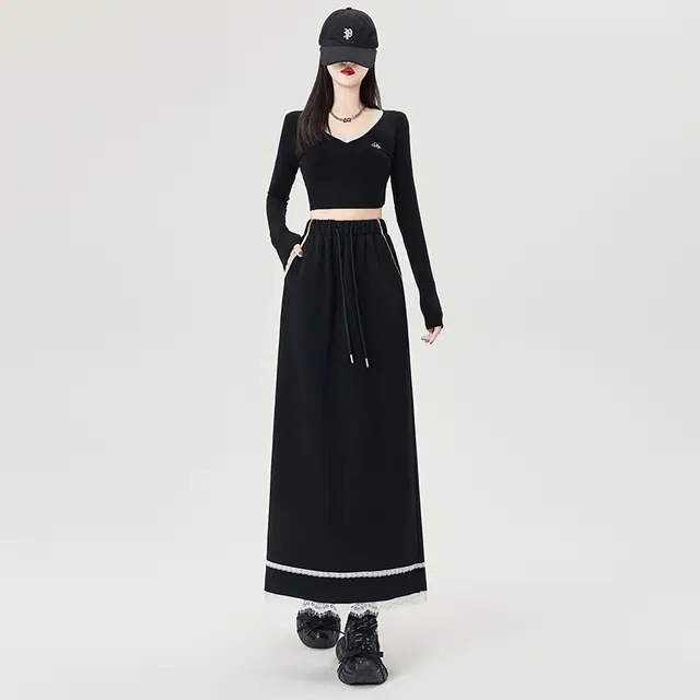 思蓓儿 蕾丝拼接后开叉高腰中长款抽绳舒适休闲长裙 女款