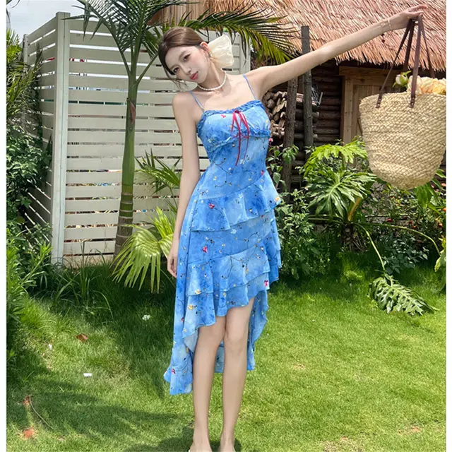 思蓓儿 度假风碎花收腰不规则下摆吊带连衣裙 女款