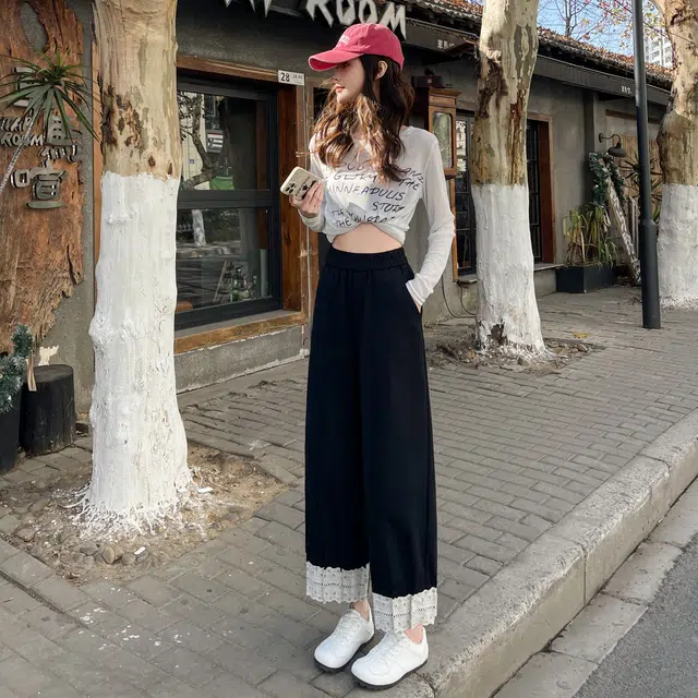 思蓓儿 小个子蕾丝拼接哈伦裤高腰宽松九分休闲裤 女款
