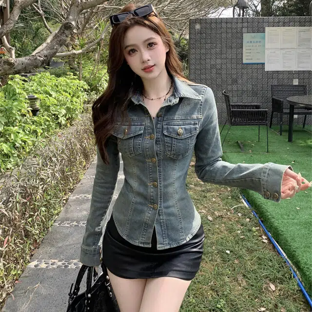 思蓓儿 美式复古牛仔水洗蓝长袖衬衫 女款 蓝色