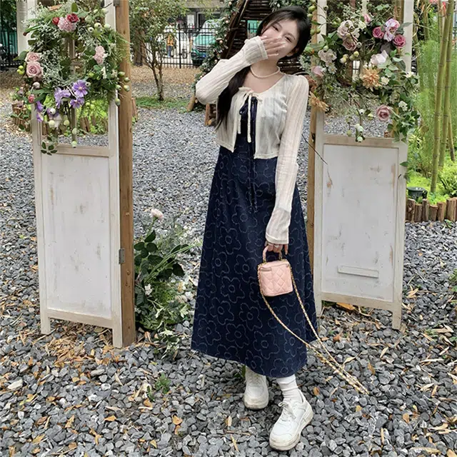 思蓓儿 简约时尚纯色罩衫设计感收腰吊带裙裙装套装 女款