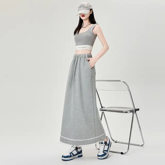 思蓓儿 蕾丝拼接后开叉高腰中长款抽绳舒适休闲长裙 女款