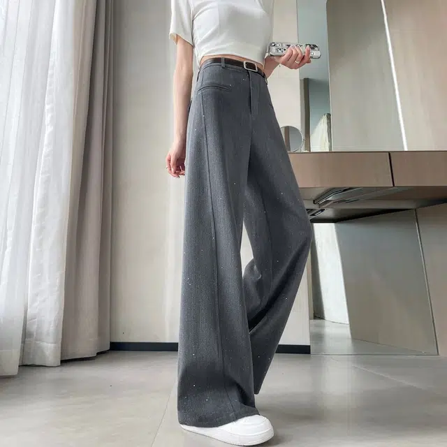 思蓓儿 亮片烫钻西装裤窄版阔腿裤直筒拖地裤休闲裤 女款