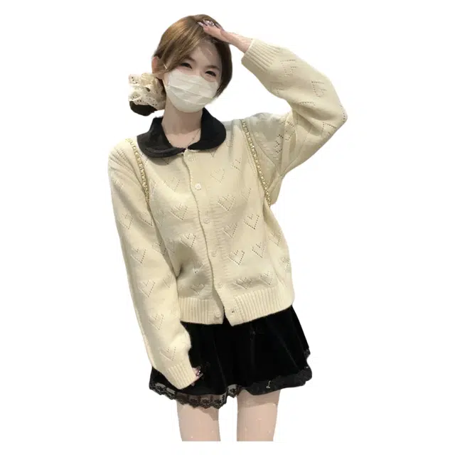 思蓓儿 韩版拼色娃娃领爱心提花长袖针织衫 女款