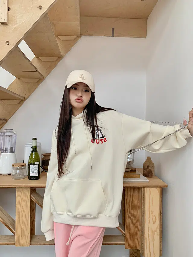 思蓓儿 美式卡通可爱猫咪印花连帽衫百搭简约落肩宽松休闲加绒上衣卫衣 女款