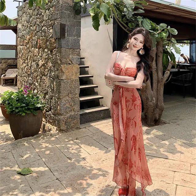 思蓓儿 印花抹胸包臀度假无袖连衣裙 女款