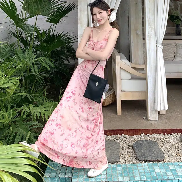 思蓓儿 碎花修身显瘦长裙子吊带连衣裙 女款 蔷薇粉