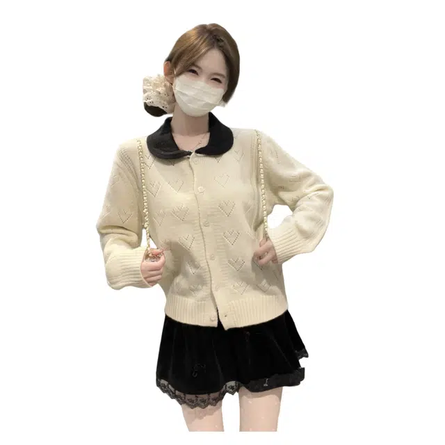 思蓓儿 韩版拼色娃娃领爱心提花长袖针织衫 女款